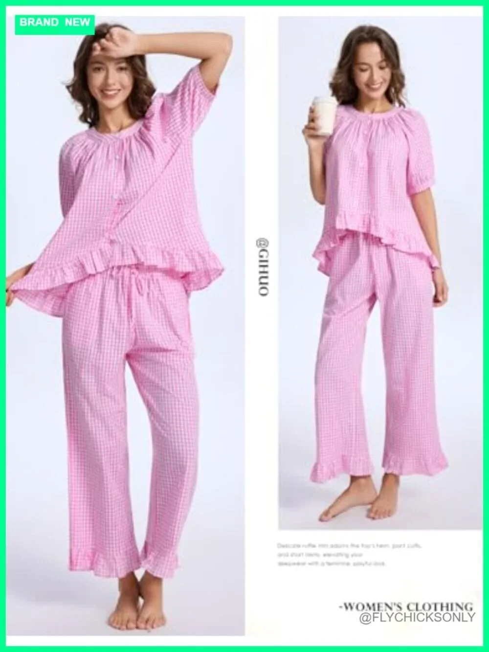 3 Piece Gingham Pajama Set Ruffle Short Sleeve Top Long Pants & Shorts Cotton